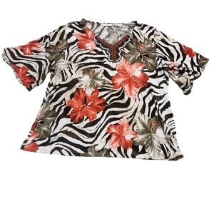Susan Graver Printed Liquid Knit Short Sleeve Peasant Zebra Floral Blouse SZ XL